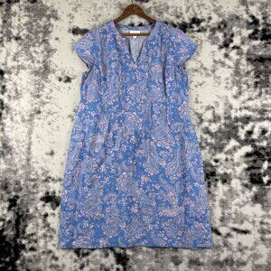 J Jill Love Linen Dress Womens Size Small Floral Blue V-Neck Cap Sleeve Midi